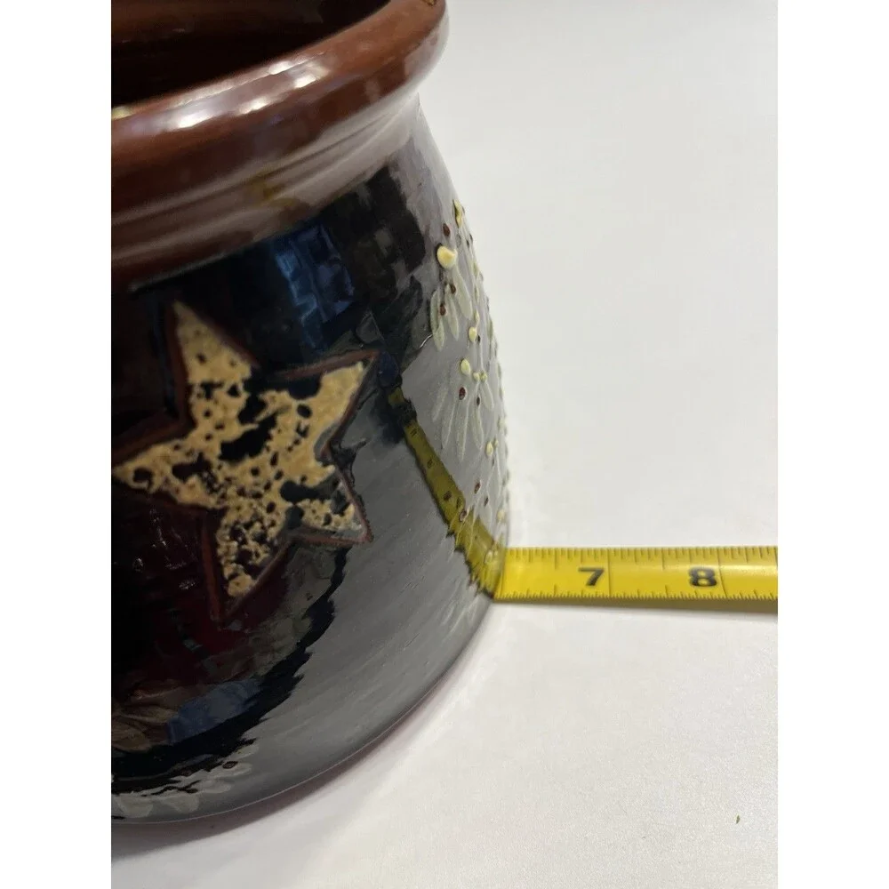Eldreth Pottery Redware Crock Hand Painted Christmas Tree Stars Signed Folk Art